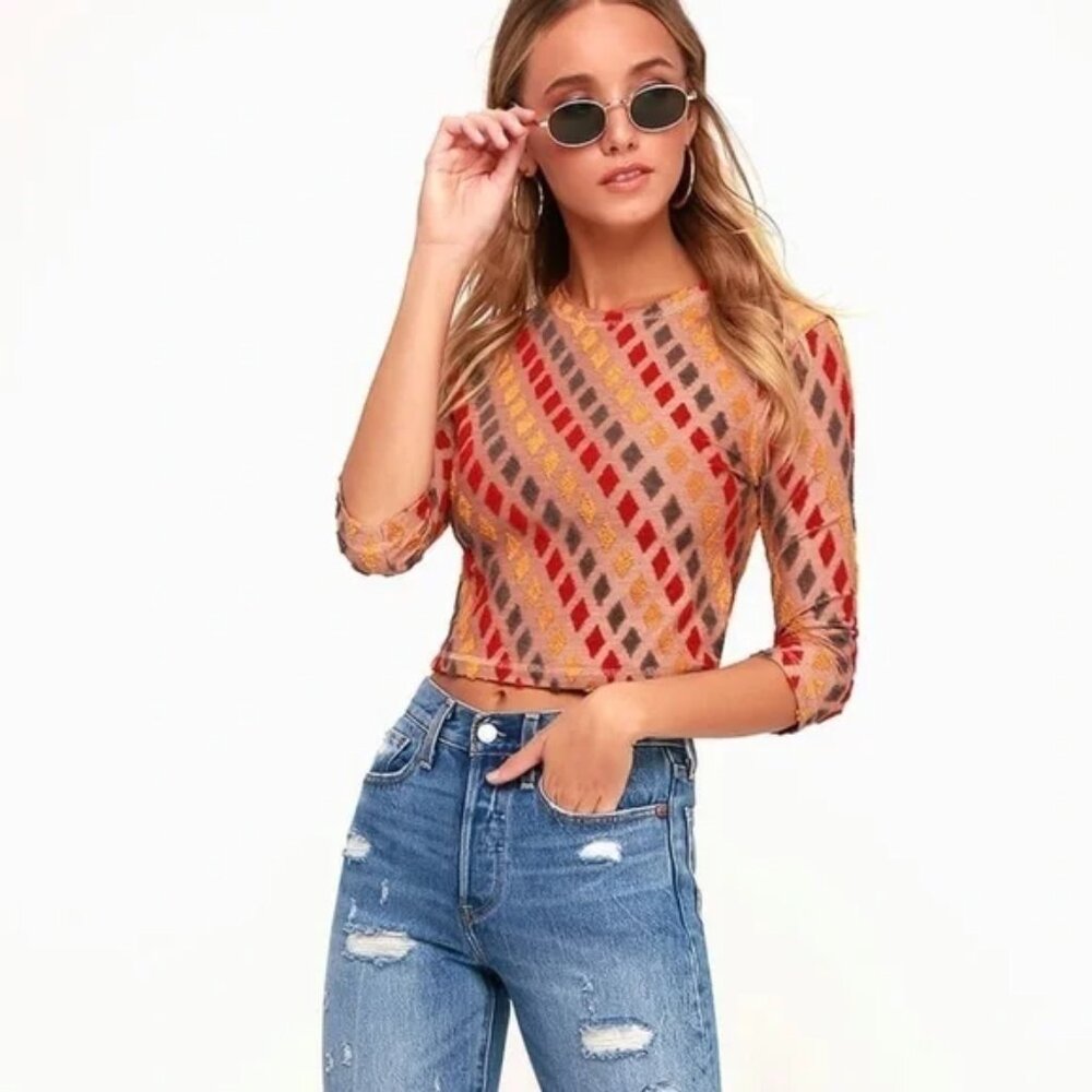 Free People Magic Carpet Multicolored Diamond Pattern Cropped Terry Sweater